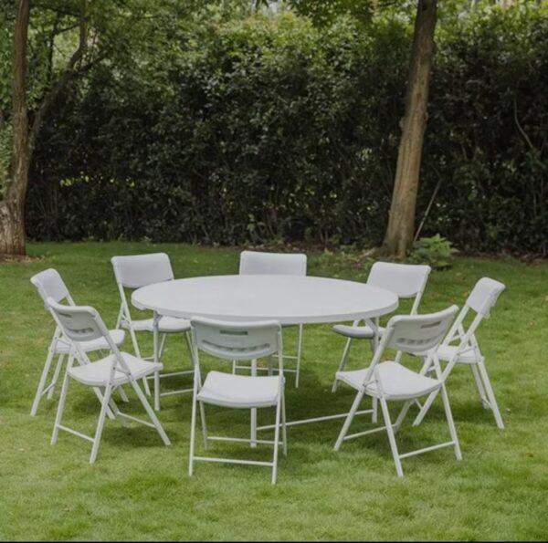 6-Foot Round Bi-Fold Granite White Plastic Folding Table with Handle and chairs